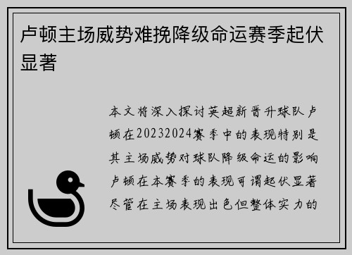 卢顿主场威势难挽降级命运赛季起伏显著 卢顿主场威势难挽降级命运赛季起伏显著